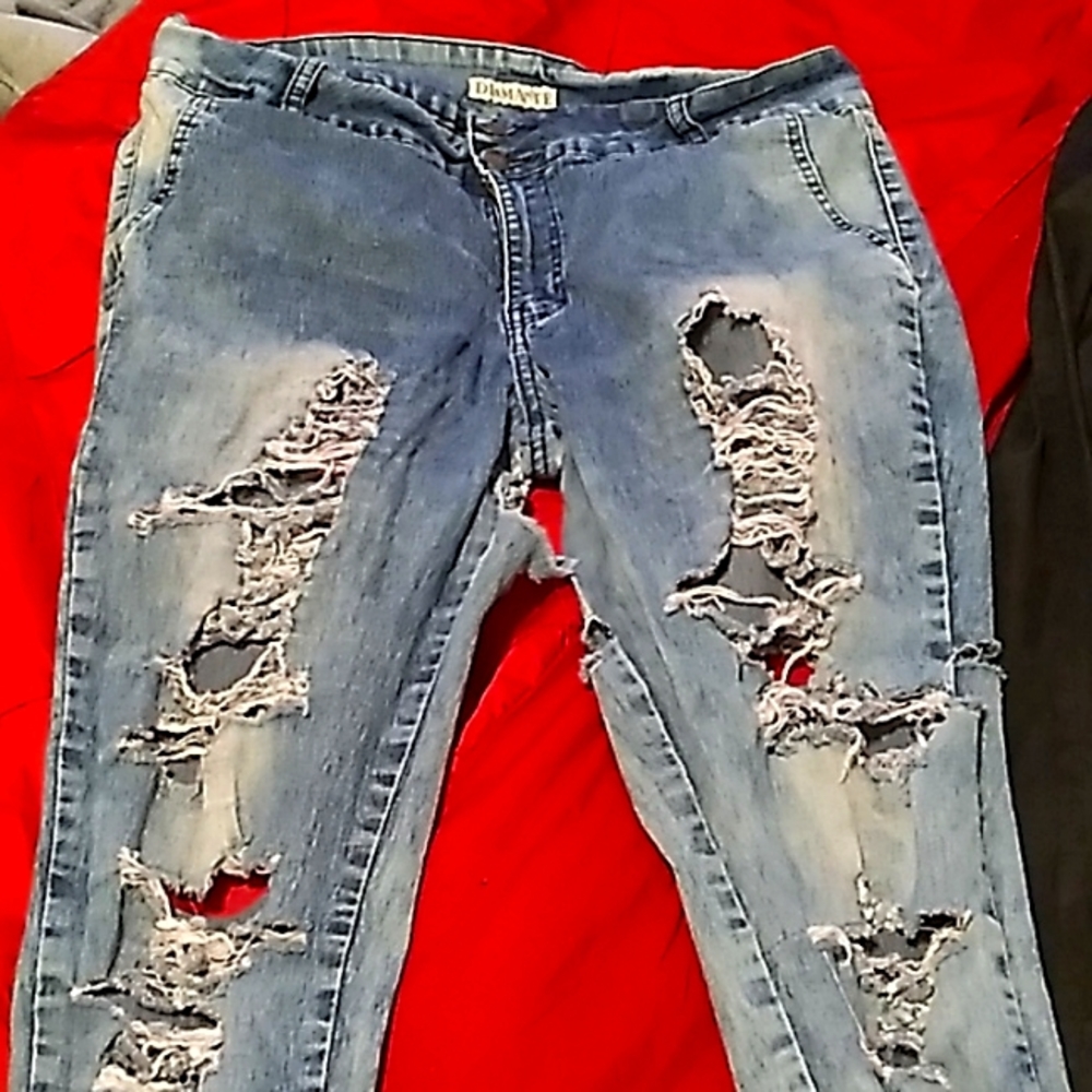 Diamante size 16 blue tattered jeans